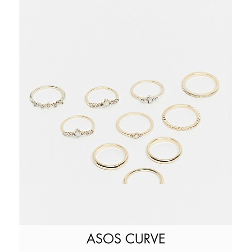 ASOS DESIGN Curve – Zestaw 10 szt. pierścionków w odcieniu złota z opalizującymi kamieniami-Złoty M / L Asos Poland