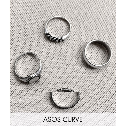 ASOS DESIGN Curve – Zestaw 4 pierścionków i sygnetów z motywem łańcuszka z oksydowanego srebra-Srebrny L/XL Asos Poland