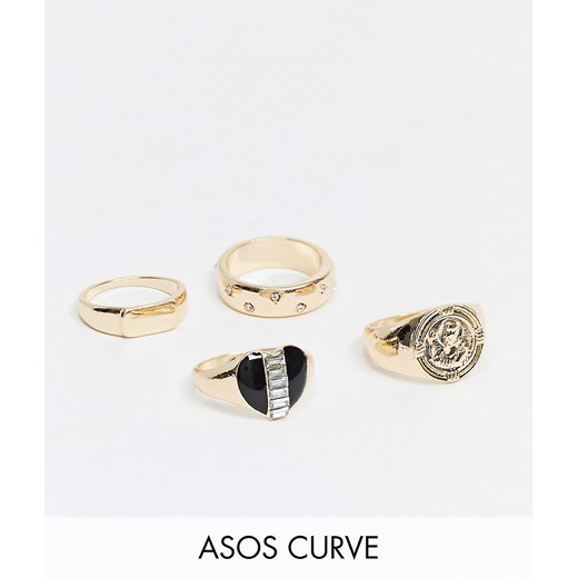 ASOS DESIGN Curve – Zestaw 4 różnych, masywnych pierścionków w złotym kolorze z kryształkami L/XL Asos Poland