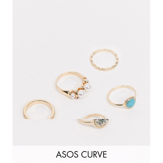 ASOS DESIGN Curve – Zestaw 5 pierścionków w kolorze złotym z perełkami i turkusowym kamieniem S / M Asos Poland