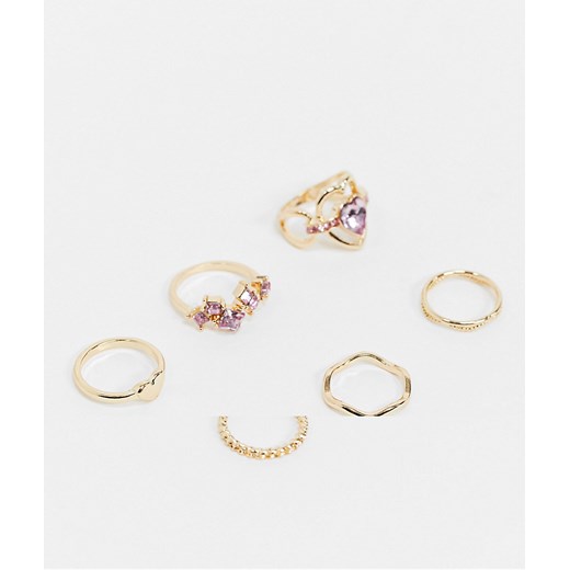 ASOS DESIGN – Zestaw 6 szt. pierścionków w złotym kolorze z fioletowymi kamieniami M / L Asos Poland