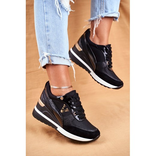 Buty sportowe damskie Vinceza sneakersy czarne sznurowane skórzane na platformie 