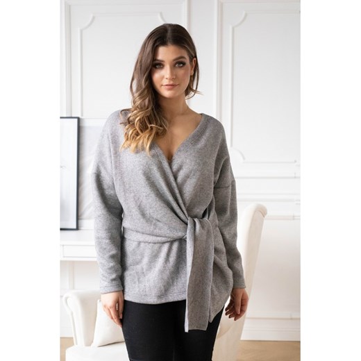 Szary sweter z kopertowym dekoltem ze srebrną nitką - keira xxl (48-50) XXL (48-50) Sklep XL-ka
