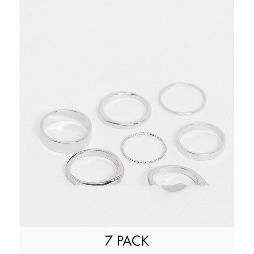 ASOS DESIGN – Zestaw 7 różnych modeli pierścionków w kolorze srebra-Srebrny S / M Asos Poland