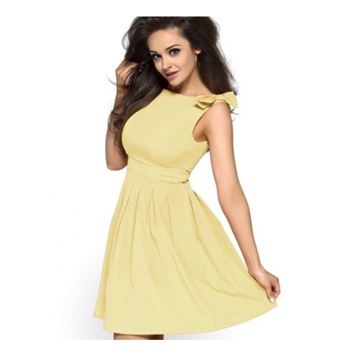 Letnia żółta sukienka z kokardami Km112 na wesele kartes-moda zolty elastan