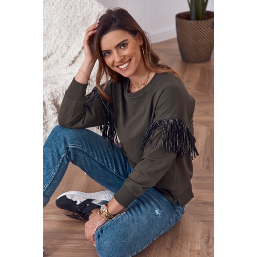 Luźna bluza z frędzlami przy rękawach khaki FI598 S fasardi.com