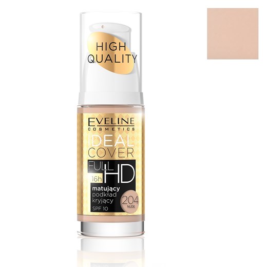 Eveline, Ideal Cover Full HD, matujący podkład kryjący SPF 10, 204 Nude, 30 ml Eveline promocja smyk