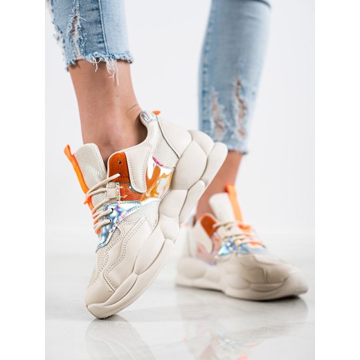 Buty sportowe damskie beżowe CzasNaButy sneakersy wiązane zamszowe na platformie 