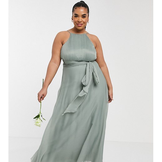 ASOS DESIGN Curve – Oliwkowa marszczona sukienka maxi dla druhny z wiązaniem w talii-Zielony 48 Asos Poland