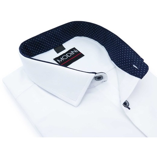 Biała koszula męska z granatowymi kontrastami w kropki - krótki rękaw YK02 Modini Moda Męska 176-182 / 38 Modini okazja