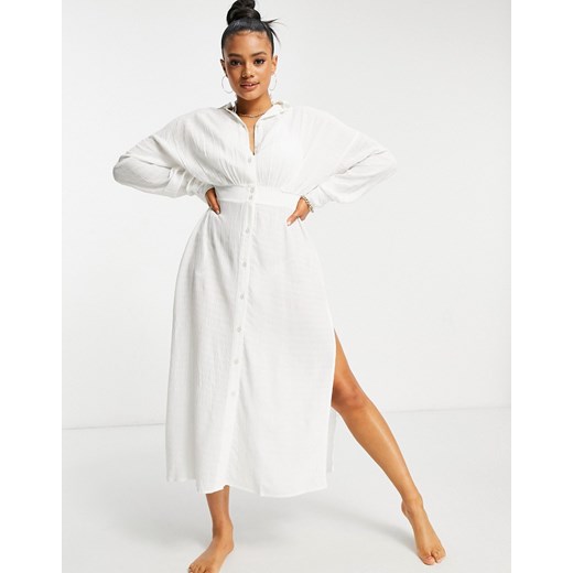 ASOS DESIGN – Teksturowana plażowa sukienka koszulowa maxi zapinana na guziki-Biały 42 Asos Poland