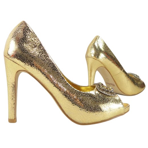 Złote szpilki obuwie damskie z broszką buty 37 Kokietki