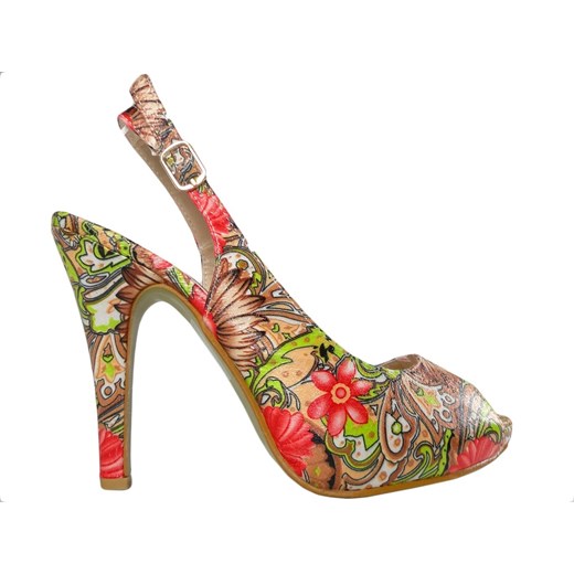 Sandały damskie z klamrą ze skóry ekologicznej na szpilce w kwiaty 