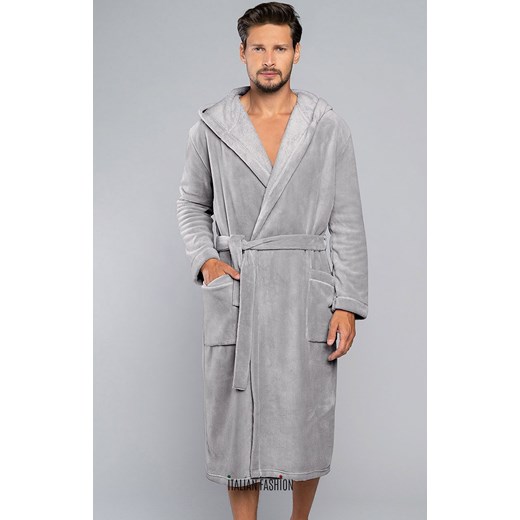 Ciepły szlafrok męski z kapturem szary Mimas, Kolor jasny szary, Rozmiar M, Italian Fashion ze sklepu Intymna w kategorii Szlafroki męskie - zdjęcie 106145744