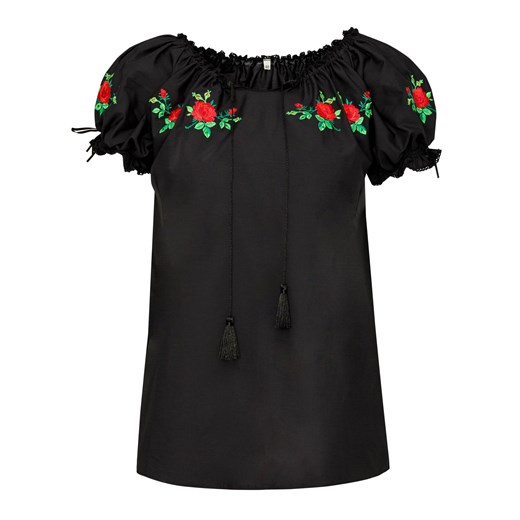 Bluzka damska Jk Collection z okrągłym dekoltem czarna z krótkimi rękawami 