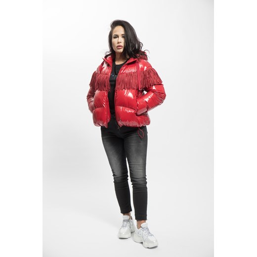 Kurtka puchowa Pinko błyszcząca z frędzlami czerwona 38 czerwony poliester Pinko 40 okazja LKJ Fashion World