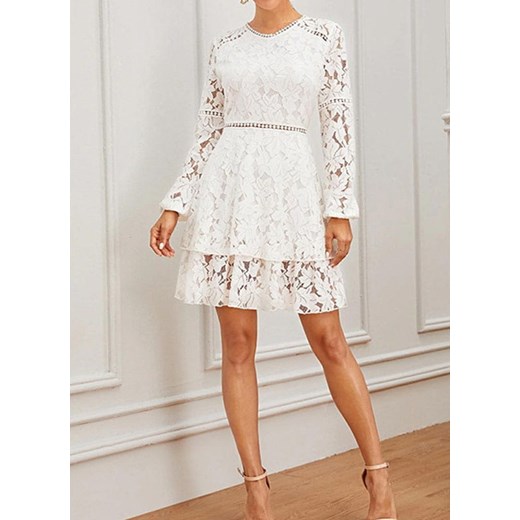 Eleganckie krój a roszerzany rękaw lato koronka ślub okrągły koronka crochet dopasowany mini biały sukienka (S) Sandbella XL sandbella