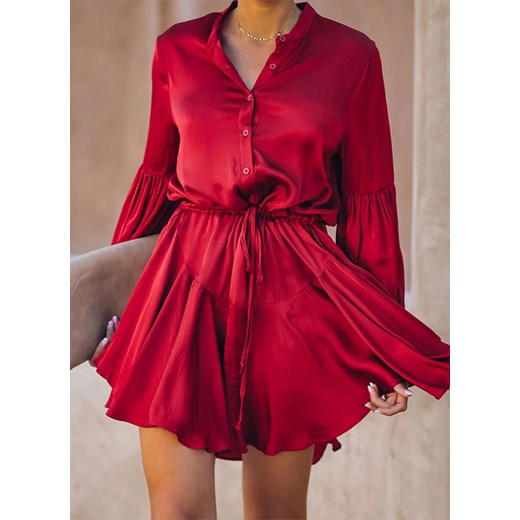 Eleganckie bluzka rękaw balon lato satyna coctail party ściągany kołnierz falbany dopasowany mini czerwony sukienka (S) Sandbella M sandbella