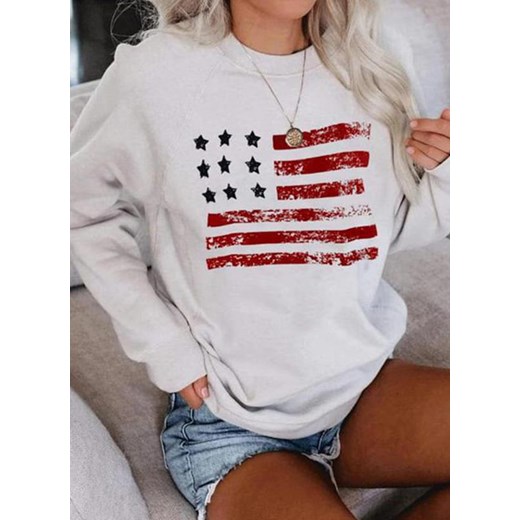 Chic bluzka długi rękaw wszystkie sezony wzór flaga casual dekolt o aplikacja luźny regularny biały bluza (S) Sandbella S okazja sandbella