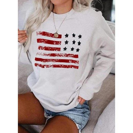 Chic bluzka długi rękaw wszystkie sezony wzór flaga casual dekolt o aplikacja luźny regularny biały bluza (S) Sandbella XL okazja sandbella