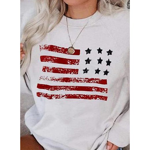 Chic bluzka długi rękaw wszystkie sezony wzór flaga casual dekolt o aplikacja luźny regularny biały bluza (S) Sandbella 3XL promocyjna cena sandbella