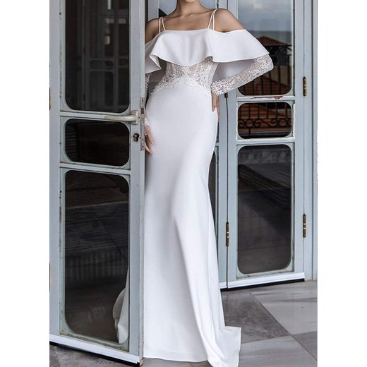 Ślub wieczorowa długi rekaw wszystkie sezony koronka specjalna okazja z ramienia obszycie falbany dopasowany extra długi biały sukienka (S) Sandbella XL sandbella