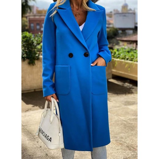 Elegancki płaszcz długi rękaw jesień bez wzoru na co dzień klapa kieszeń dopasowany długi niebieski kurtka (S) Sandbella S sandbella