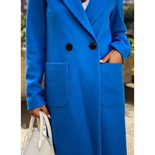 Elegancki płaszcz długi rękaw jesień bez wzoru na co dzień klapa kieszeń dopasowany długi niebieski kurtka (S) Sandbella XL sandbella
