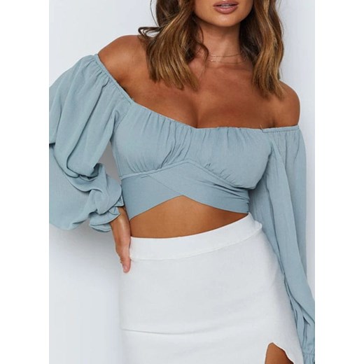 Chic bluzka klosz lato bez wzoru randka dekolt serce falbany dopasowany krótki top niebieski bluzka (S) Sandbella XL okazyjna cena sandbella