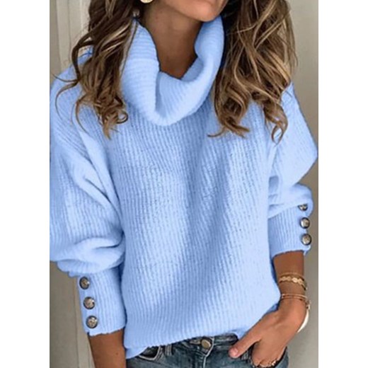 Elegancki bluzka długi rękaw zima wydrążenie casual fałdowany guzik luźny regularny niebieski sweter (S) Sandbella 3XL okazja sandbella