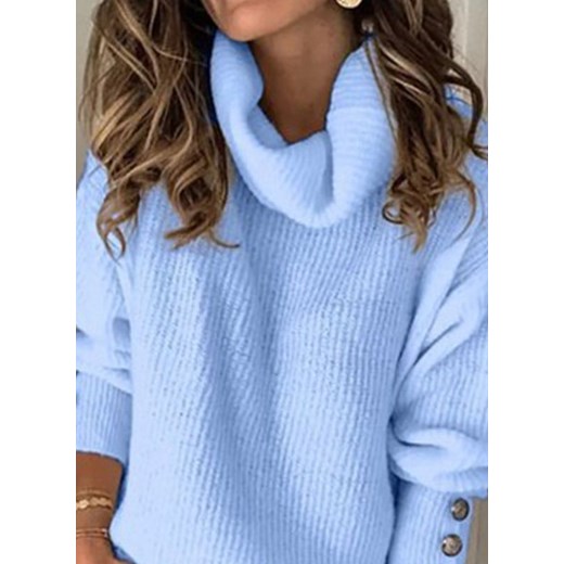 Elegancki bluzka długi rękaw zima wydrążenie casual fałdowany guzik luźny regularny niebieski sweter (S) Sandbella M sandbella okazyjna cena