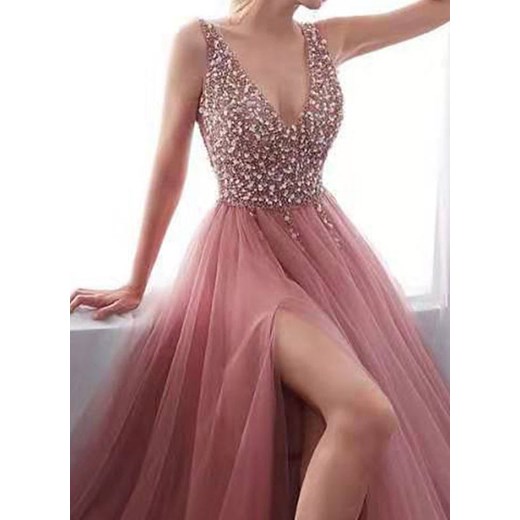 Sukienka różowa Sandbella maxi z cekinami bez rękawów z aplikacjami  z dekoltem w serek 