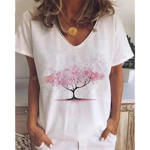 Casualowa koszulka z dekoltem w szpic i nadrukiem drzewa t-shirt biały Kendallme S promocyjna cena Kendallme