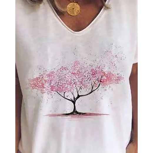 Casualowa koszulka z dekoltem w szpic i nadrukiem drzewa t-shirt biały Kendallme S Kendallme promocyjna cena