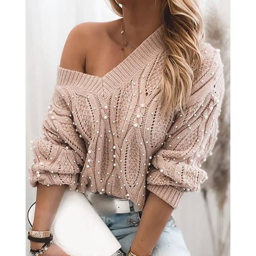 Sweter z dzianiny długim rękawem i koralikami różowy Kendallme L promocyjna cena Kendallme