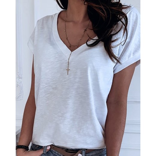 Solidny t-shirt z krótkim rękawem i dekoltem w szpic biały Kendallme XL okazyjna cena Kendallme