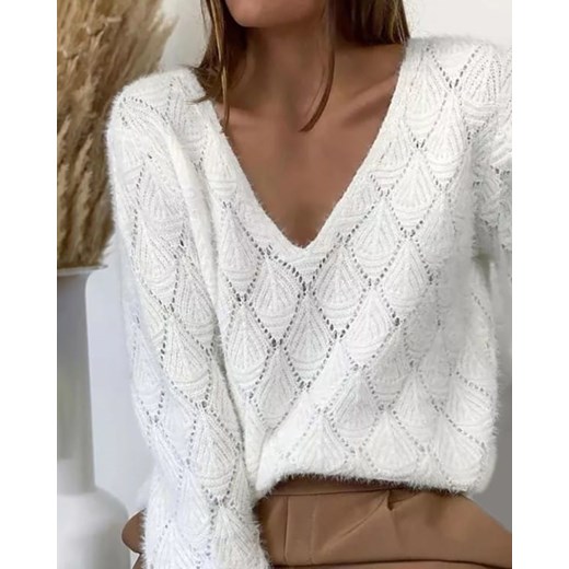 Sweter z długim rękawem hollow out biały Kendallme XL promocyjna cena Kendallme
