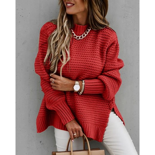 Sweter z długim rękawem i luźnym rozcięciem na dole czerwony Kendallme XL okazja Kendallme