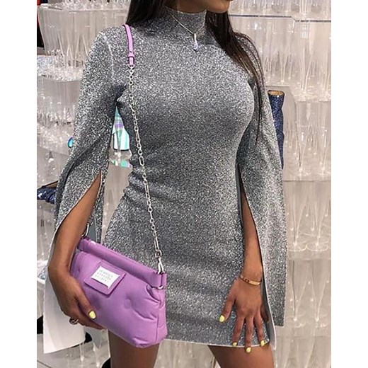 Sukienka Kendallme srebrna z okrągłym dekoltem z aplikacjami  