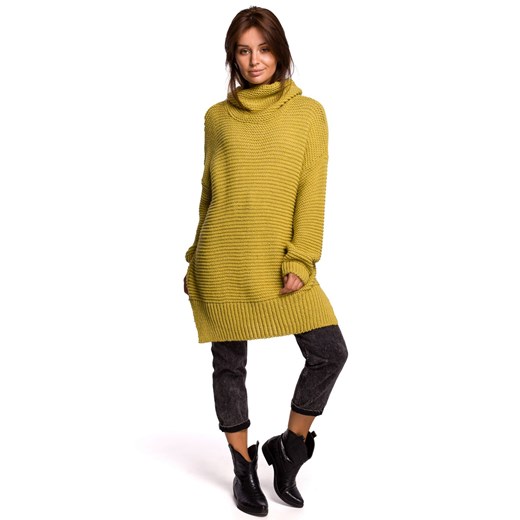 BK047 Sweter oversize z golfem - limonkowy Be Knit Uniwersalny Świat Bielizny