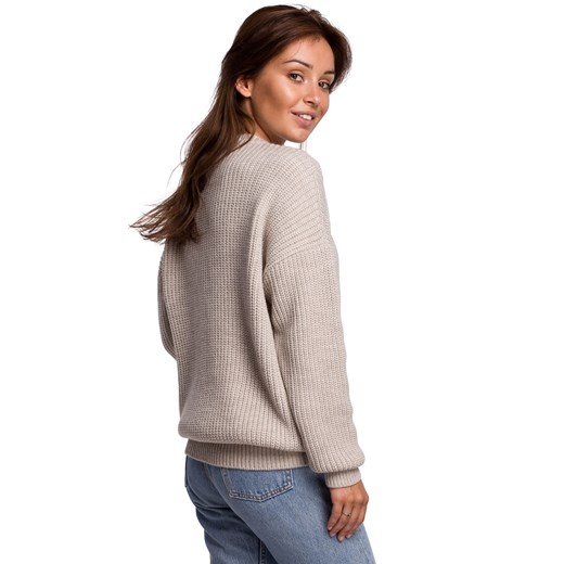 BK052 Długi sweter w prążek - beżowy Be Knit S/M Świat Bielizny