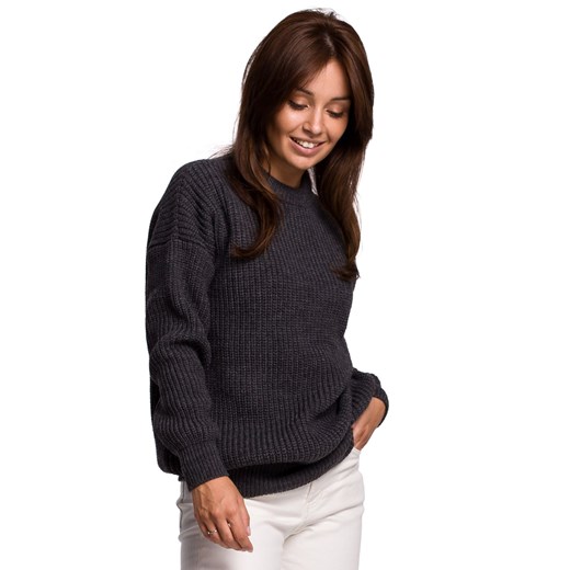 BK052 Długi sweter w prążek - grafitowy Be Knit L/XL Świat Bielizny