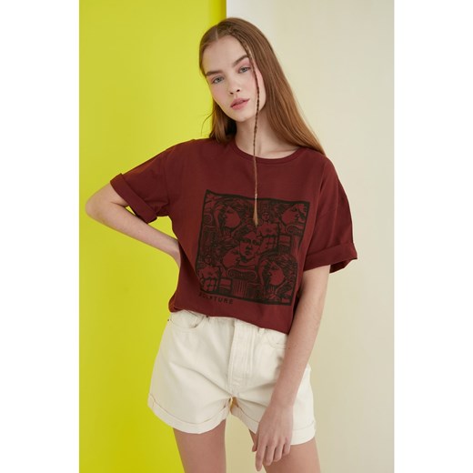 Trendyol Brown Printed Loose Mold Knitted T-Shirt Trendyol XS Factcool