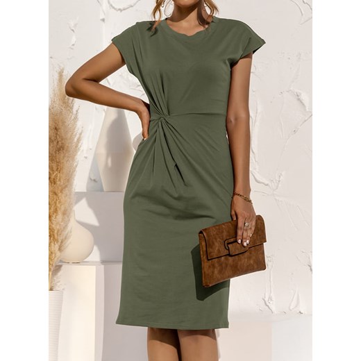 Krótki rękaw dekolt okrągły marszczenie elegancka midi za kolano bez wzoru wojskowa zieleń sukienka (S) Sandbella XL sandbella