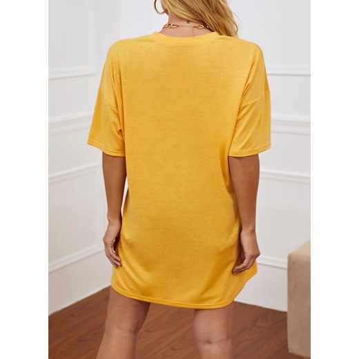 Krótki rękaw dekolt okrągły wzór grafika luźna casual na co dzień dłuższa oversize koszulka żółty tshirt (S) Sandbella L sandbella
