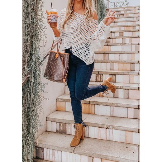 Długi rękaw nietoperz dekolt łódka wzór wycięcia luźna casual na co dzień boho lato top koszulka biały bluzka (S) Sandbella XL sandbella