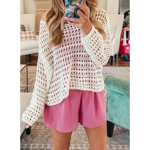 Długi rękaw nietoperz dekolt łódka wzór wycięcia luźna casual na co dzień boho lato top koszulka biały bluzka (S) Sandbella XL sandbella