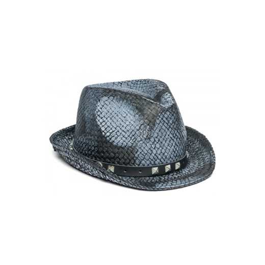 Woven straw fedora with dirty distressing, studding on leather hatband. replay szary skórzane