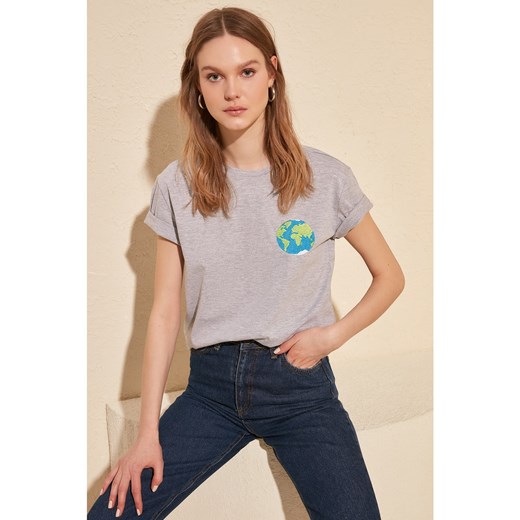 Trendyol Grey Embroidered Semi-Fitted Knitted T-Shirt Trendyol M Factcool