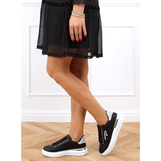 Buty sportowe damskie w stylu casual czarne na wiosnę wiązane ze skóry ekologicznej płaskie 